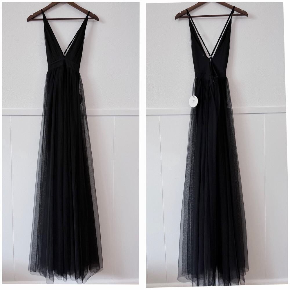 Black Tulle Maxi Dress Plunge Halter Open Back Slit Prom Evening Luxxel S NWT - Picture 7 of 11